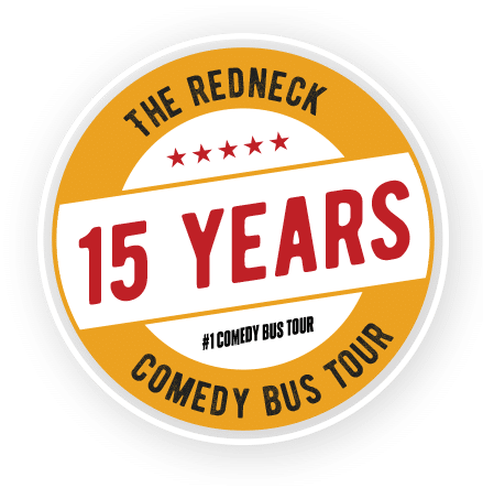 Logo for The Redneck Comedy Bus Tour celebrating 15 years, featuring the text "15 Years" in bold red letters, with "#1 Comedy Bus Tour" beneath and stars above.