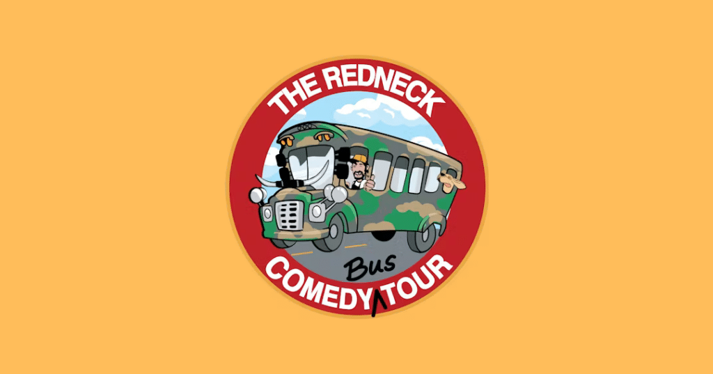 Logo for "The Redneck Comedy Bus Tour" showing a cartoon bus with camouflage paint and characters peeking out, set against a red circular background.