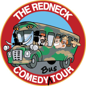 Cartoon depiction of a camouflage bus with smiling passengers, labeled "The Redneck Comedy Bus Tour" in a circular red and white logo.