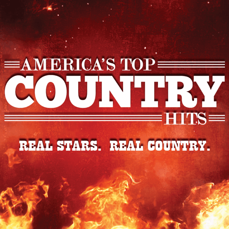 Album cover with text: "America's Top Country Hits" and "Real Stars. Real Country." against a fiery red background with flames at the bottom.