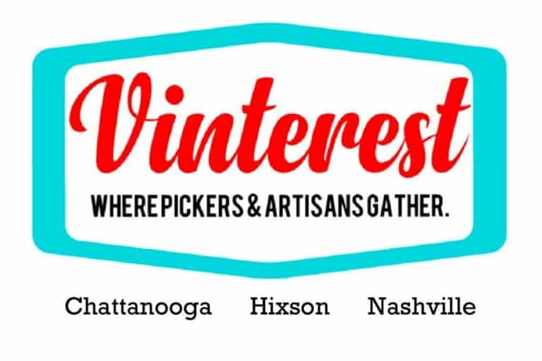 A logo reading "Vinterest: Where Pickers & Artisans Gather" with locations listed as Chattanooga, Hixson, and Nashville.