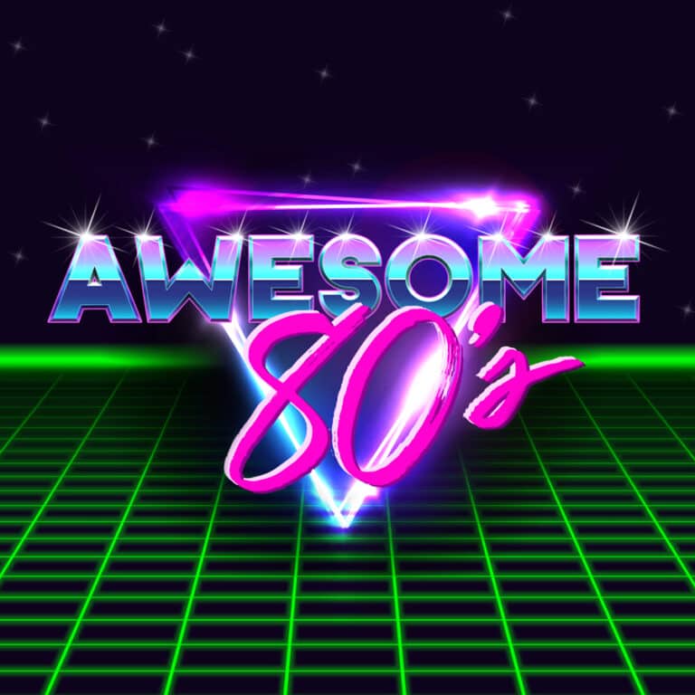 Text reads “Awesome 80’s” in neon retro style with glowing triangle and grid background, evoking a 1980s theme.