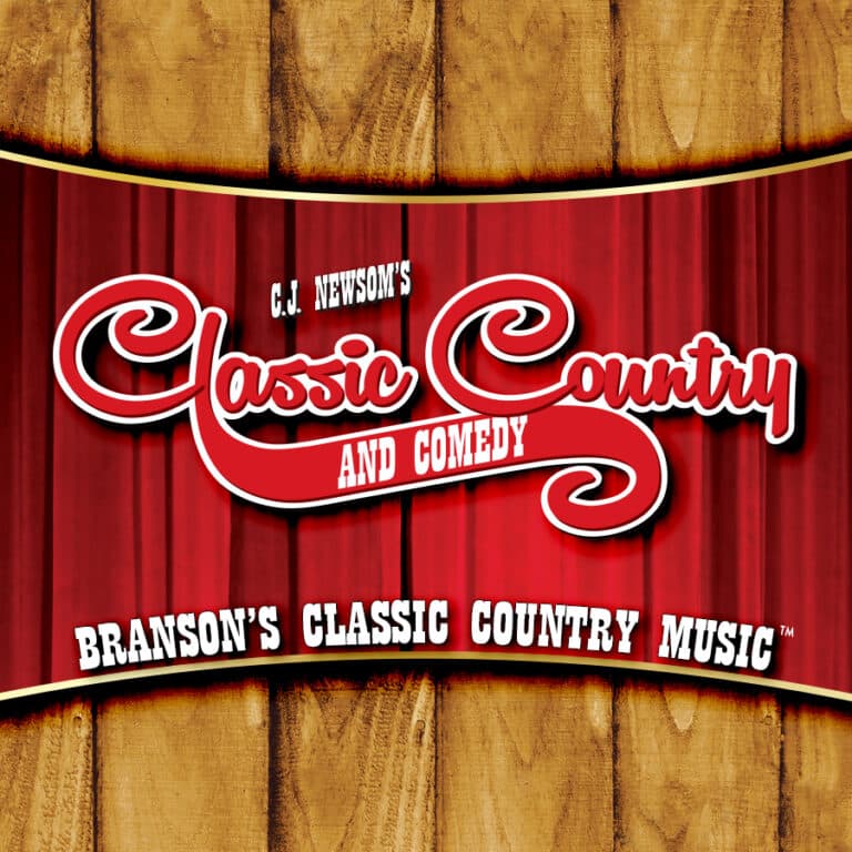 Poster for "C.J. Newsom's Classic Country and Comedy" with a red curtain background and wood panel border; includes the tagline "Branson's Classic Country Music.