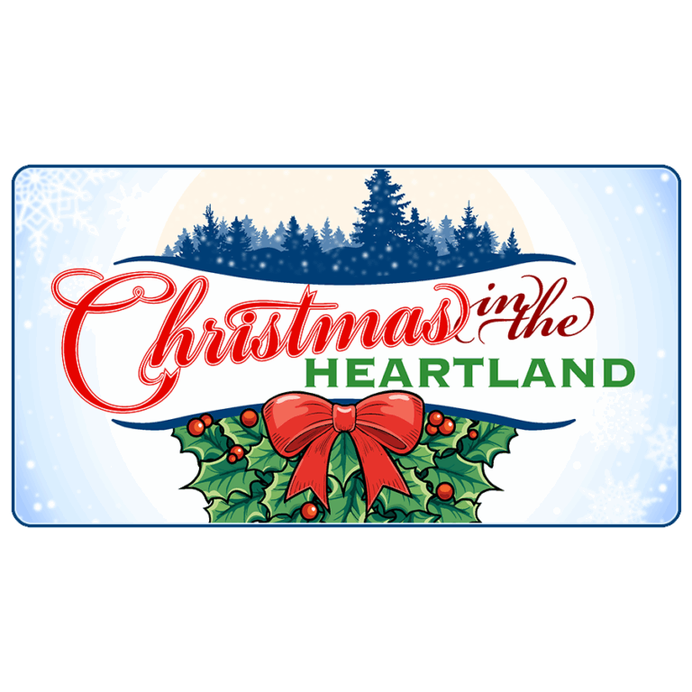 A festive sign reads "Christmas in the Heartland" with holly, a red bow, and a background of evergreen trees and snowflakes.