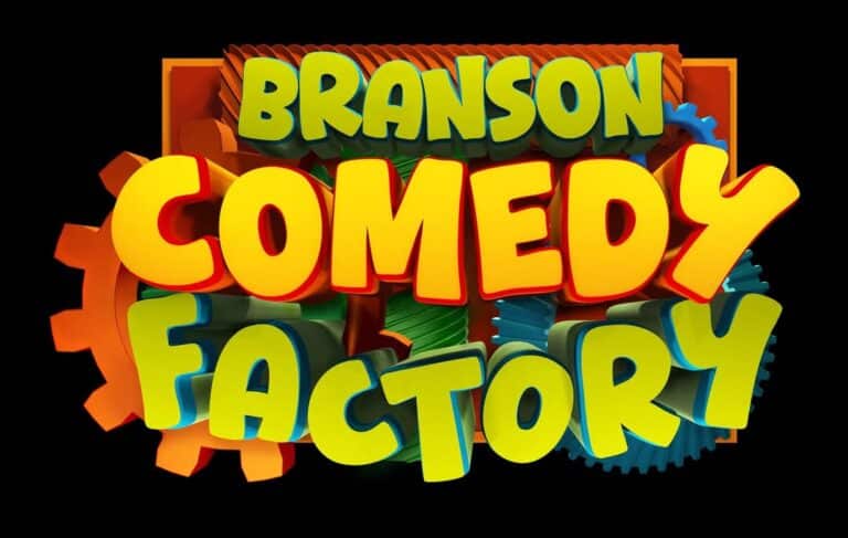 Colorful 3D text reads "Branson Comedy Factory" with gear shapes in the background.