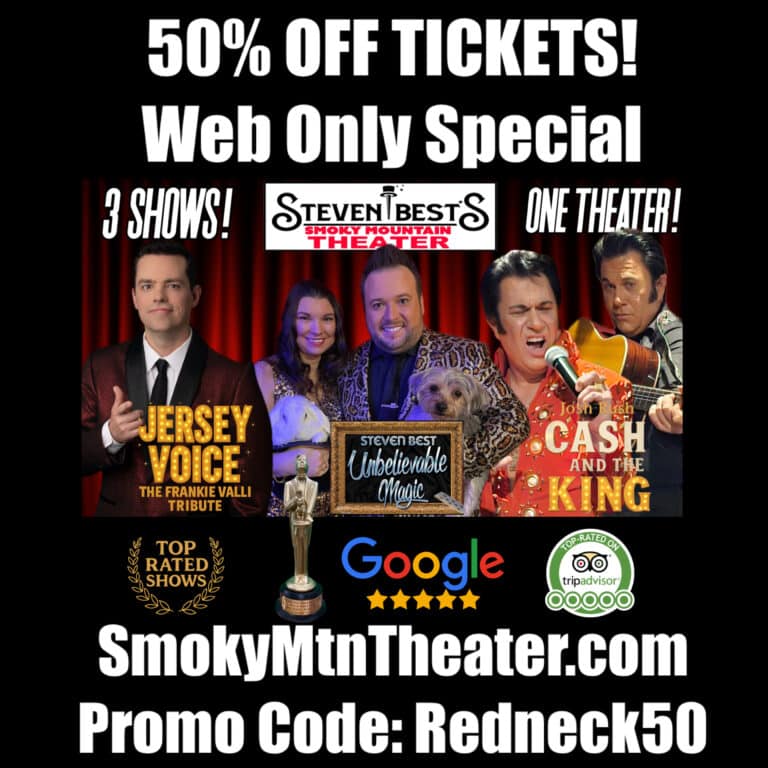 Promotional graphic for Smoky Mountain Theater offering 50% off tickets online with promo code "Redneck50," featuring three shows and various review ratings.