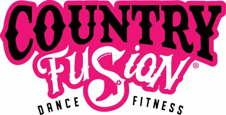 Logo for Country Fusion featuring bold, stylized text in black and white with pink accent, and the words "Dance" and "Fitness" below.