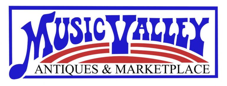 Logo for Music Valley Antiques & Marketplace with bold blue text and a red and white swoosh design underneath.