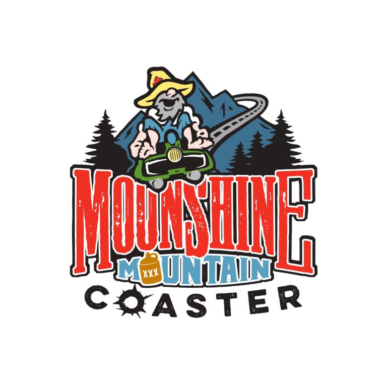 Logo for "Moonshine Mountain Coaster" featuring a cartoon bearded man driving a coaster car, mountains and trees in the background, with stylized text.