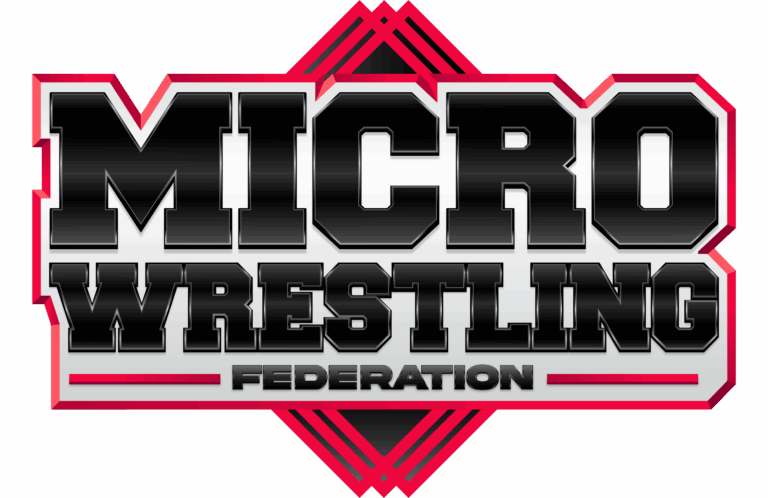 Logo for Micro Wrestling Federation with bold black and silver text outlined in red on a dark red background with geometric line accents.