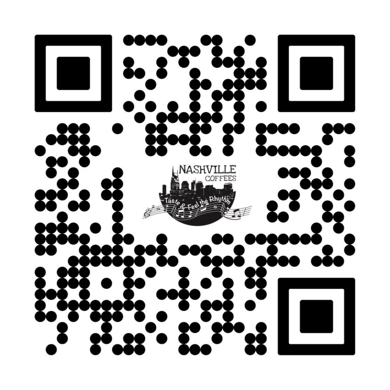 QR code with the Nashville Coffees logo and the text "Taste the Fresh Rhythm" in the center. Skyline and musical notes are also visible in the logo.