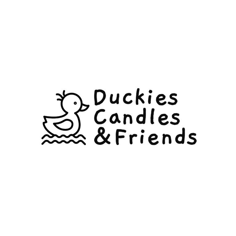 A simple logo featuring a line drawing of a duck next to the text "Duckies Candles & Friends" in a playful font.