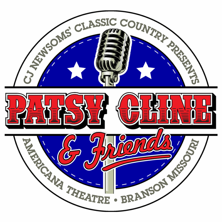 Circular logo for "Patsy Cline & Friends" show at Americana Theatre, Branson, Missouri, featuring a retro microphone and blue background with stars.
