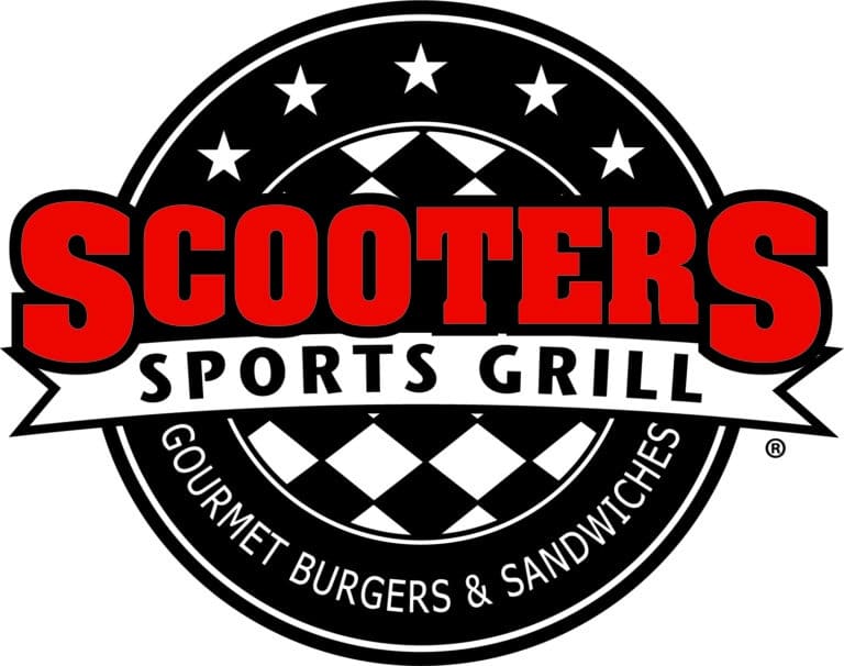 Scooters Sports Grill logo featuring bold red and white text, stars, and a checkered pattern, with the tagline "Gourmet Burgers & Sandwiches.