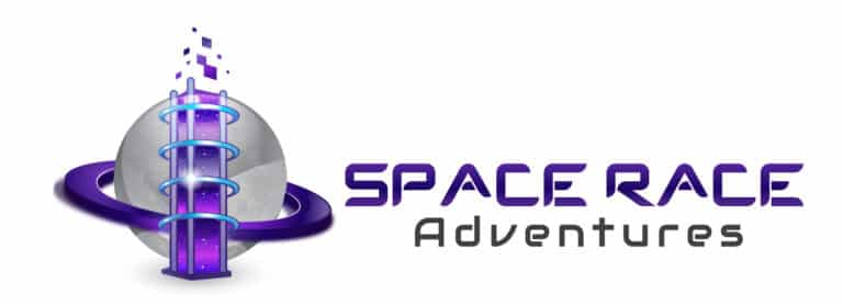 Logo for "Space Race Adventures" featuring a stylized tower with digital elements, a ring, and a moon in the background. Text is in futuristic fonts to the right.
