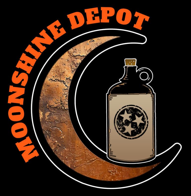 A jug with a Tennessee three-star emblem sits inside a rusty crescent moon, with “MOONSHINE DEPOT” in bold orange letters above on a black background.