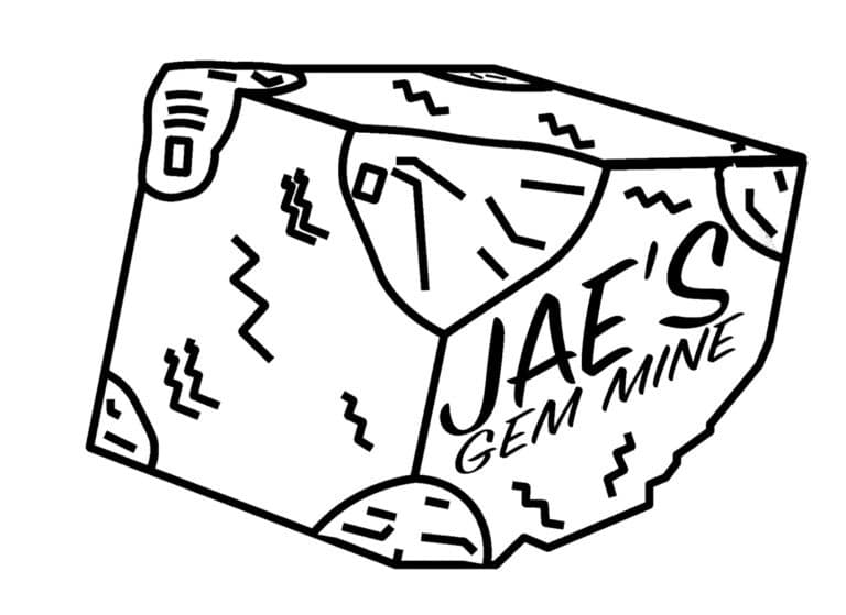 Black and white illustration of a gemstone-shaped object with the words "Jae's Gem Mine" written on one side. Geometric patterns decorate the surface.