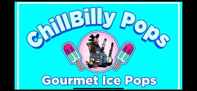 Logo for "ChillBilly Pops Gourmet Ice Pops" featuring a cartoon character in overalls with ice pops and musical instruments, set against a bright blue background with two illustrated ice pops.