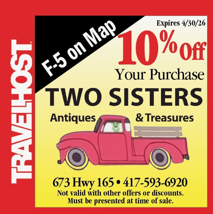 Coupon for Two Sisters Antiques & Treasures offering 10% off purchase, expires 4/30/26; address and phone number included, must present at time of sale.