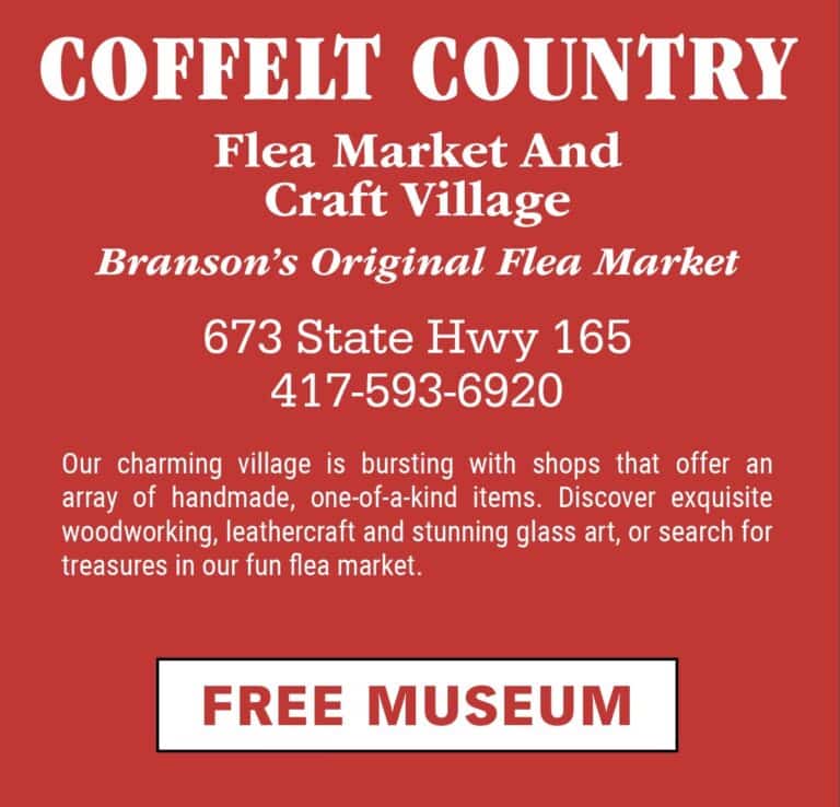 Red advertisement for Coffelt Country Flea Market and Craft Village in Branson, MO, featuring location, phone number, and mention of a free museum.